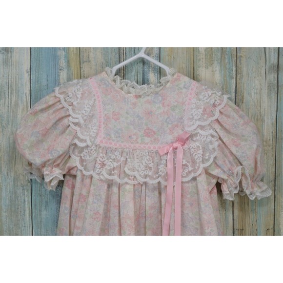 Vintage Bryan Girls 4T Pink Lace Floral Dress Back Button Ruffle Gown RARE - Picture 3 of 11